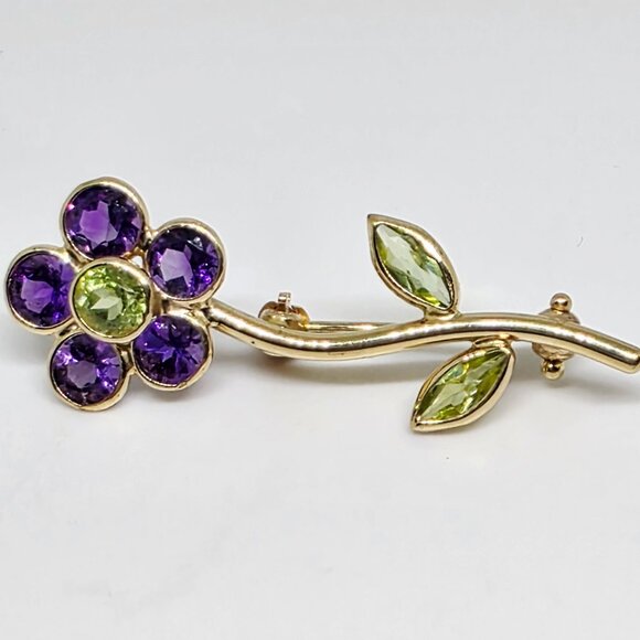 Vintage 14k Yellow Gold Purple Green Gemstones Flower Beautiful Pin Brooch 1.7 g - Picture 3 of 16